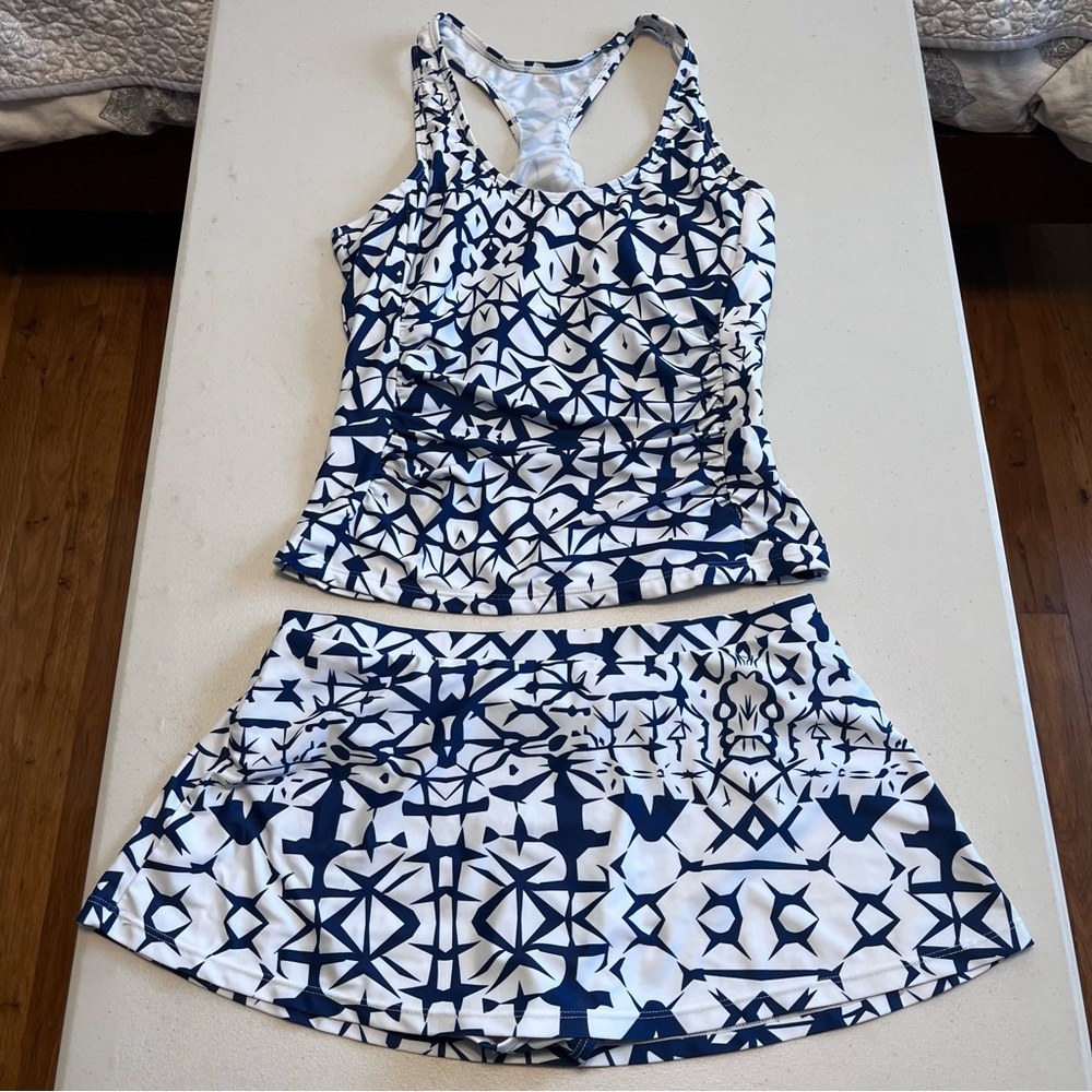 Tankini Geometric Blue and White Tank Top and Skirt Set Size M
